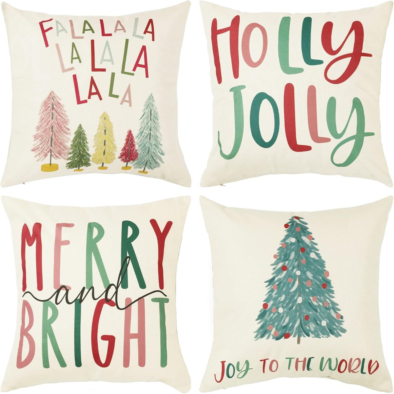Merry Bright Christmas Pillow Covers Colorful Holiday Holly Jolly Set of 4 Winter Decorative Throw Pillow Covers Cushion Case for Home Sofa Bed Chair (16" L x 16" W)